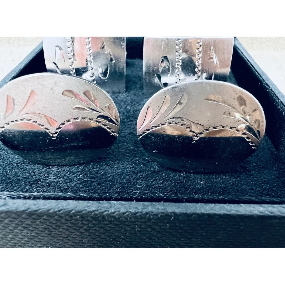 Vintage Flex-Let Sterling Silver Cufflink Set Oval Rectangular Etched Mens USA